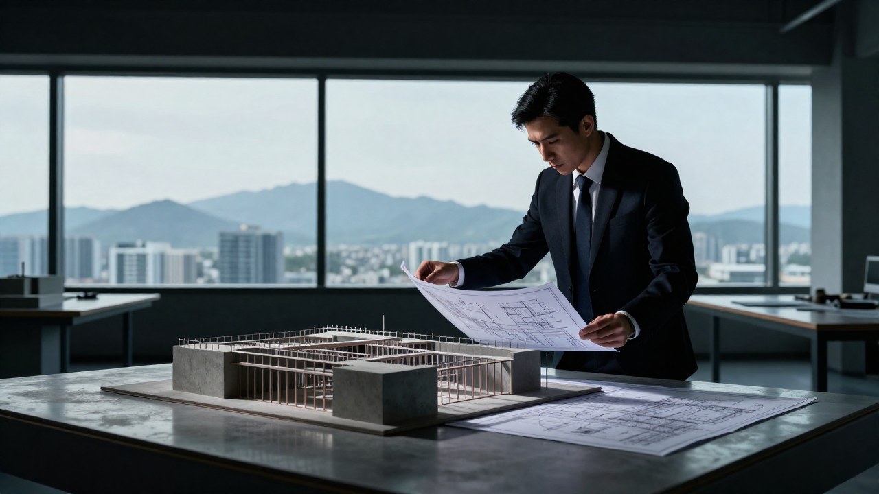Diseñador revisando un modelo arquitectónico detallado en un taller moderno con vista a la ciudad.