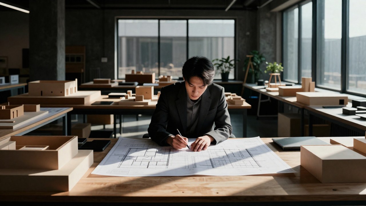 Diseñador concentrado examinando modelos y planos en un estudio arquitectónico.