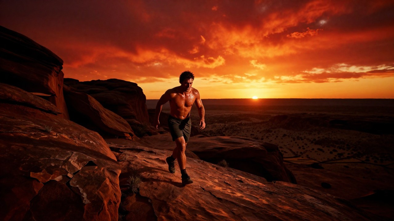Un pionero determinado avanza por un paisaje agreste en un dramático atardecer.
