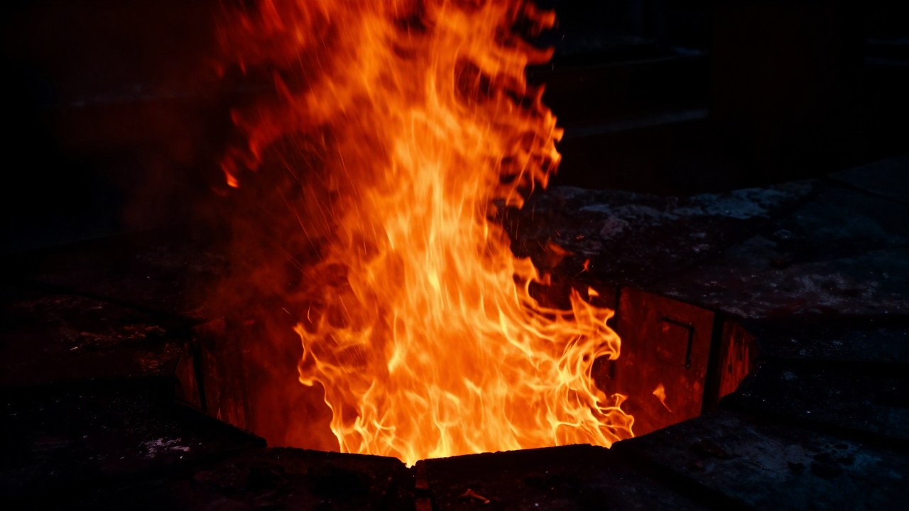 Columna intensa de energía térmica naranja y roja emergiendo de una superficie oscura e industrial.