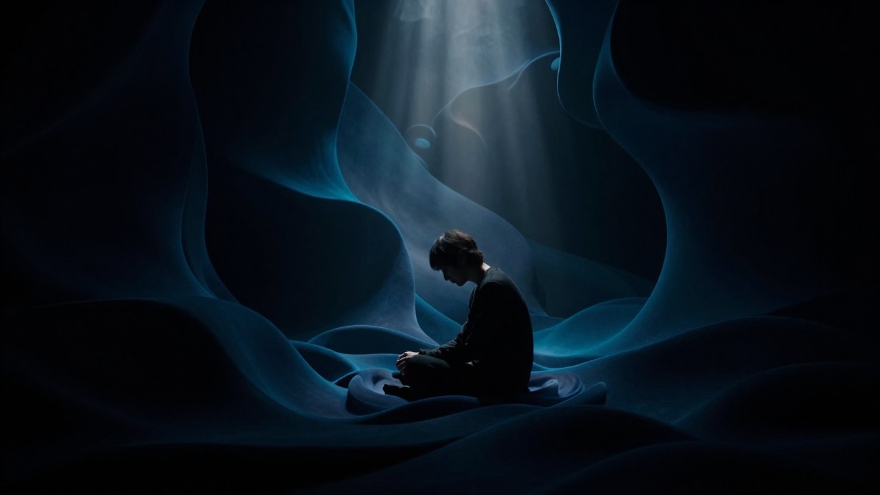 Figura solitaria en un espacio cavernoso, rodeada por patrones abstractos que representan la influencia mental.