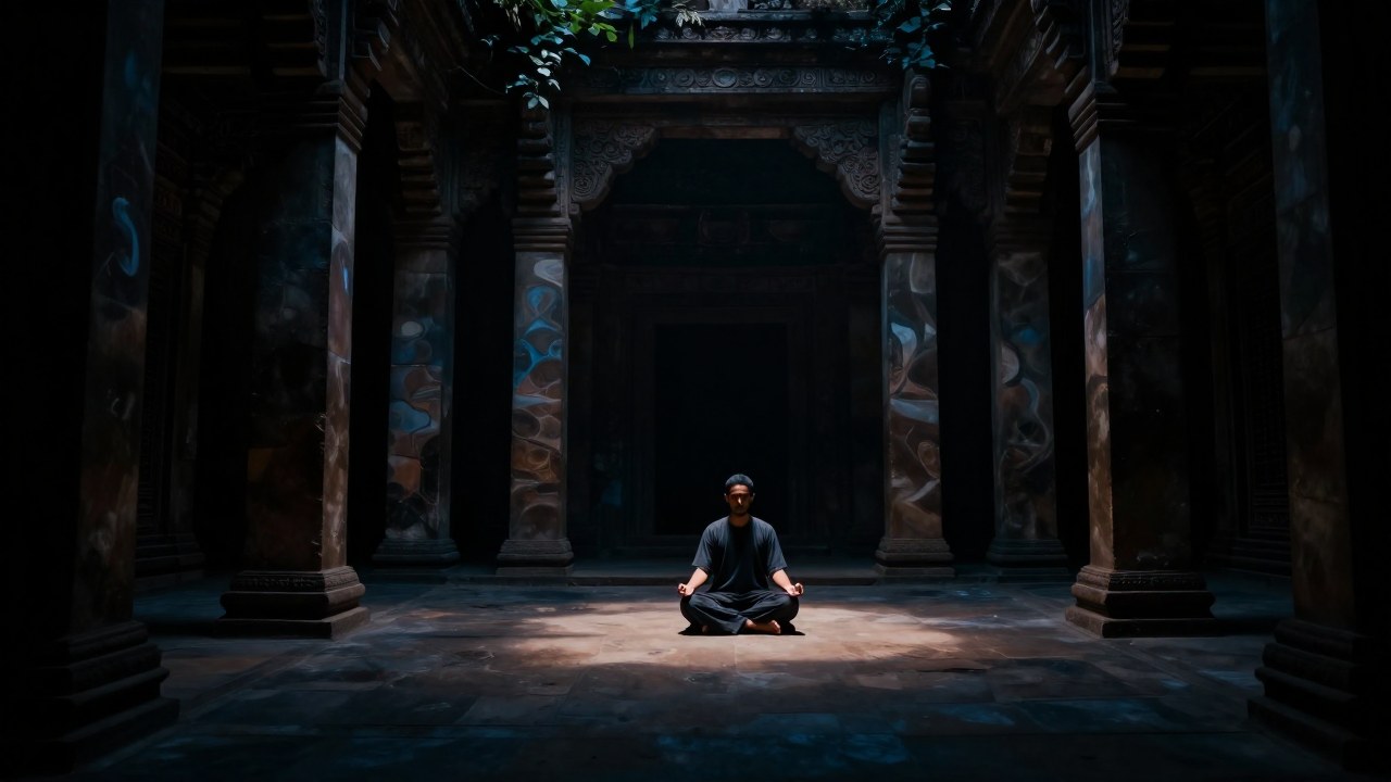 Figura solitaria meditando en un refugio arquitectónico antiguo, rodeada de ecos espectrales de vidas pasadas.