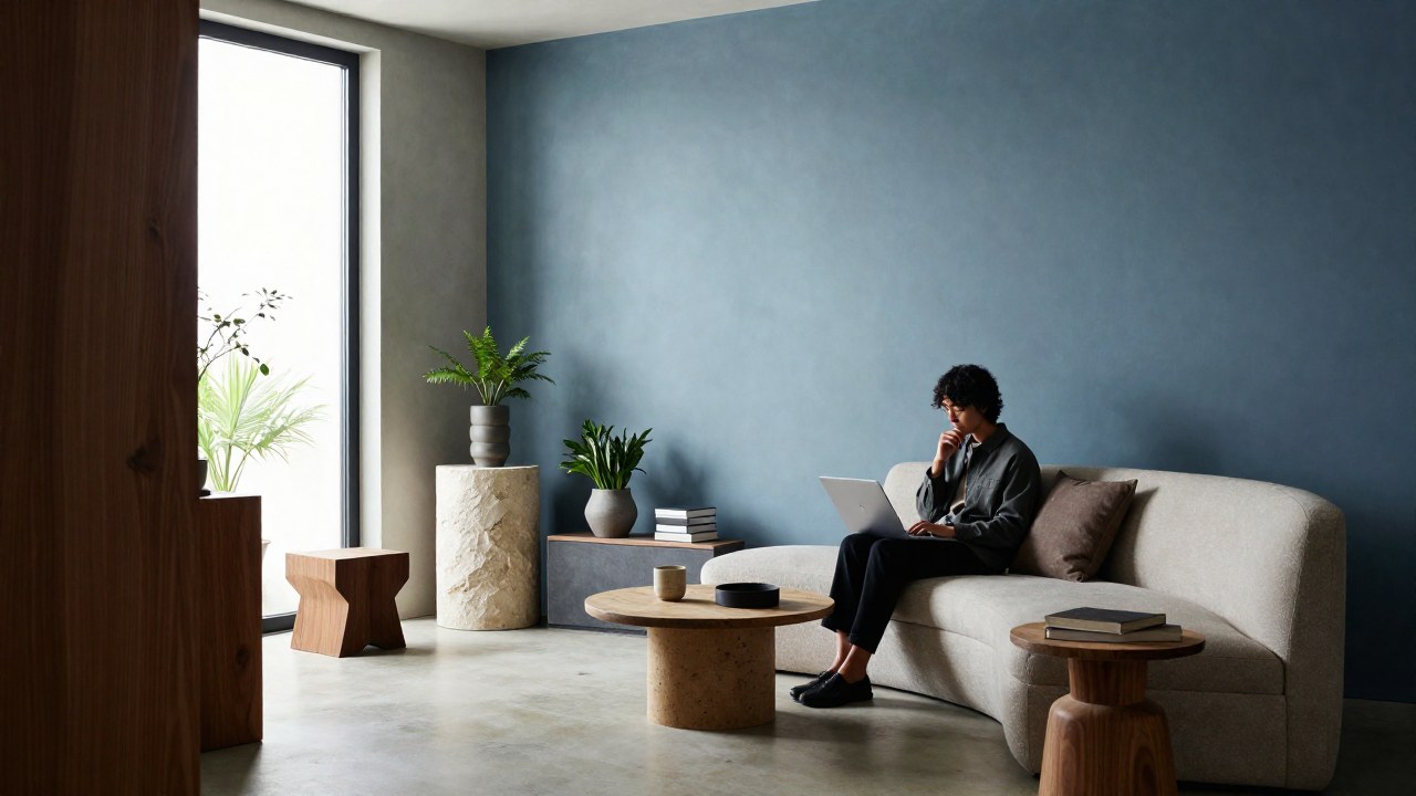 Persona sentada en un moderno y sereno espacio interior, rodeada de materiales naturales y diseño minimalista.