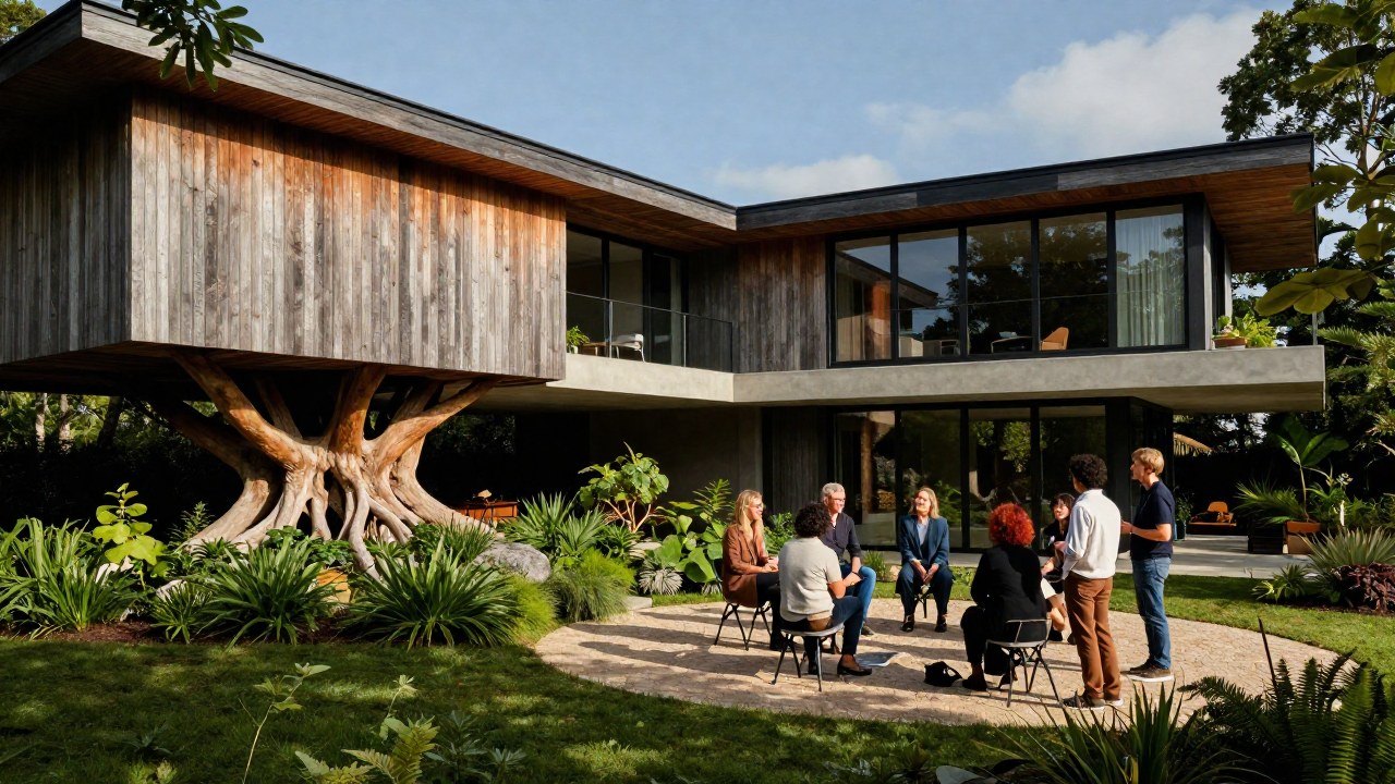 Grupo diverso se reúne en el exterior de una vivienda moderna y sólida, rodeada de un paisaje verde bien cuidado.