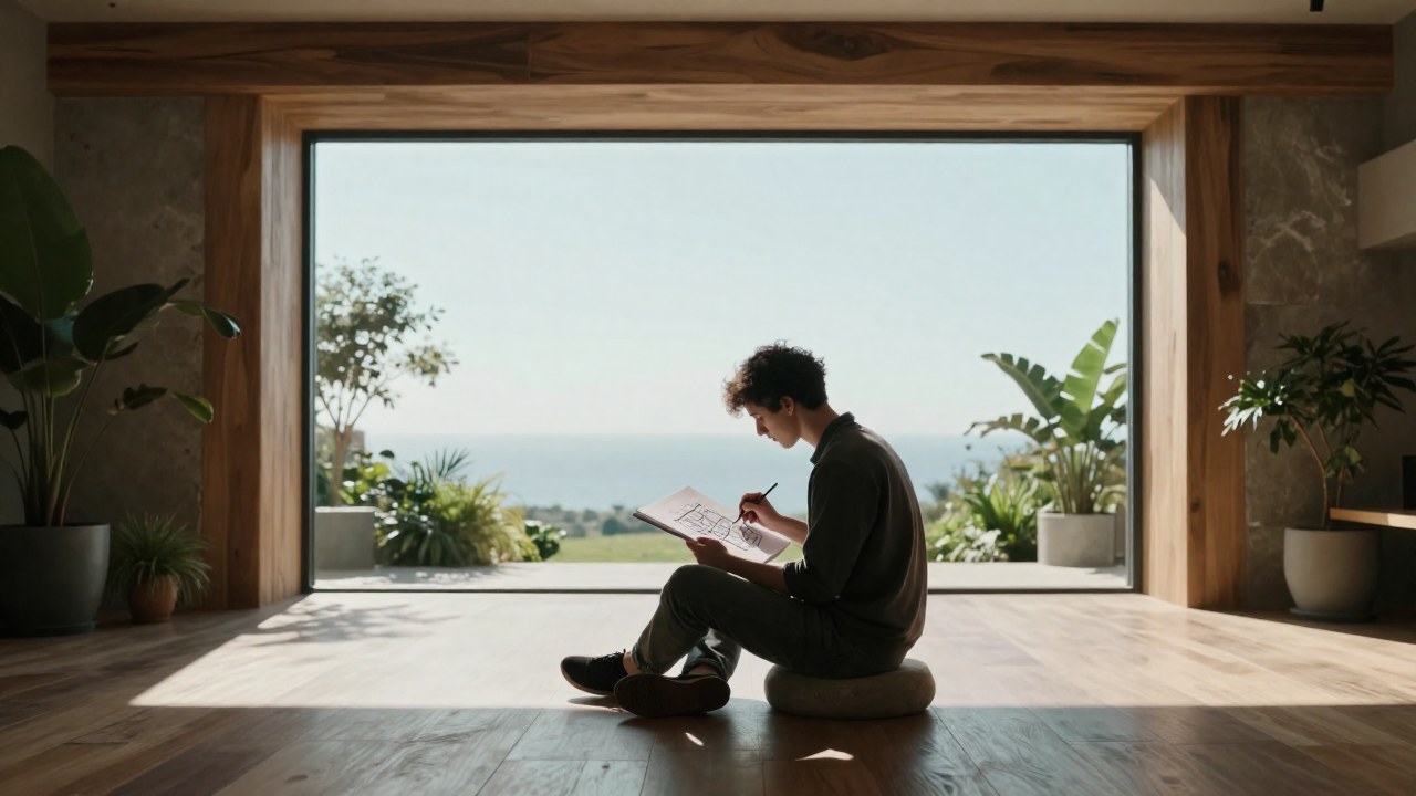Joven adulto concentrado en una actividad contemplativa en un interior de diseño moderno y luminoso.