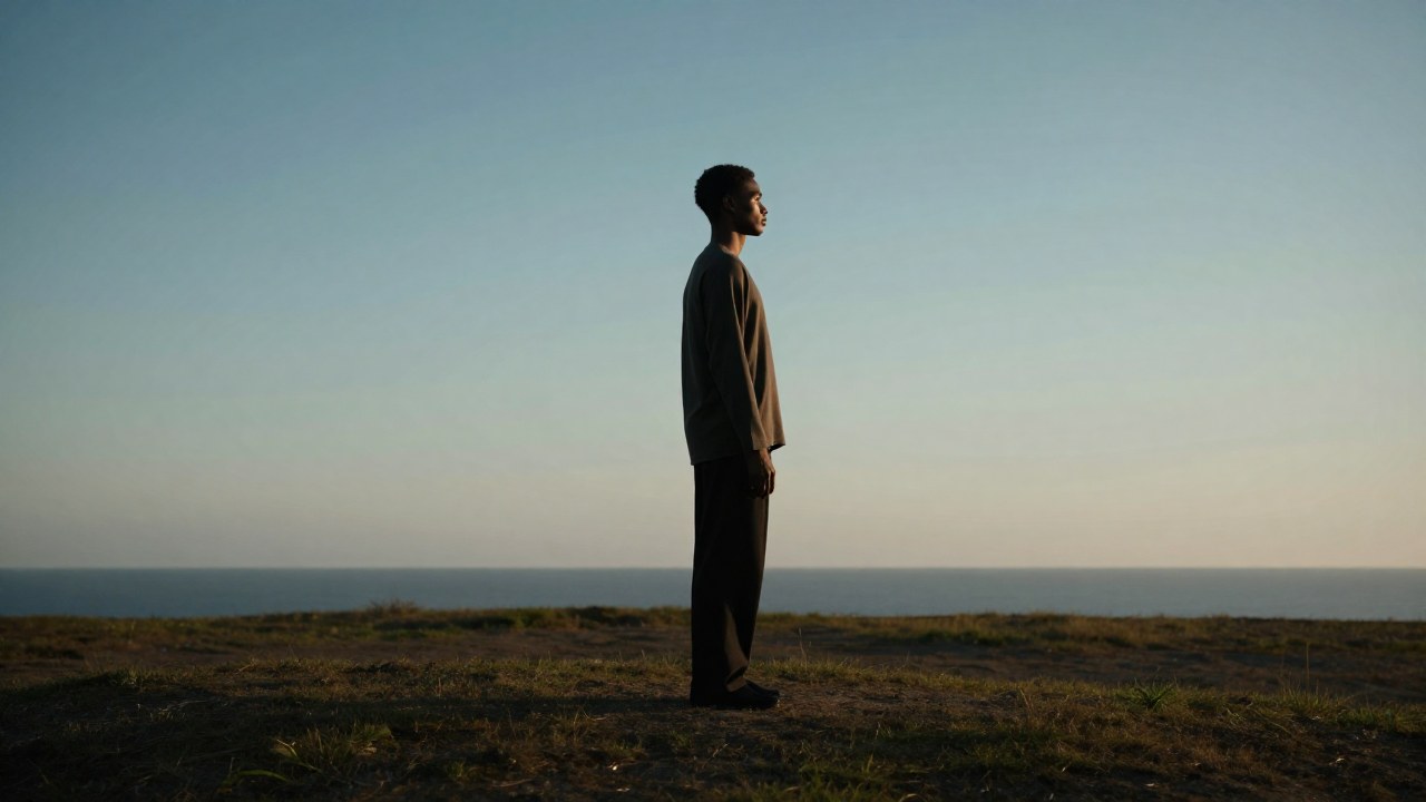 Una persona diversa se encuentra en un entorno abierto, contemplando un vasto horizonte natural.