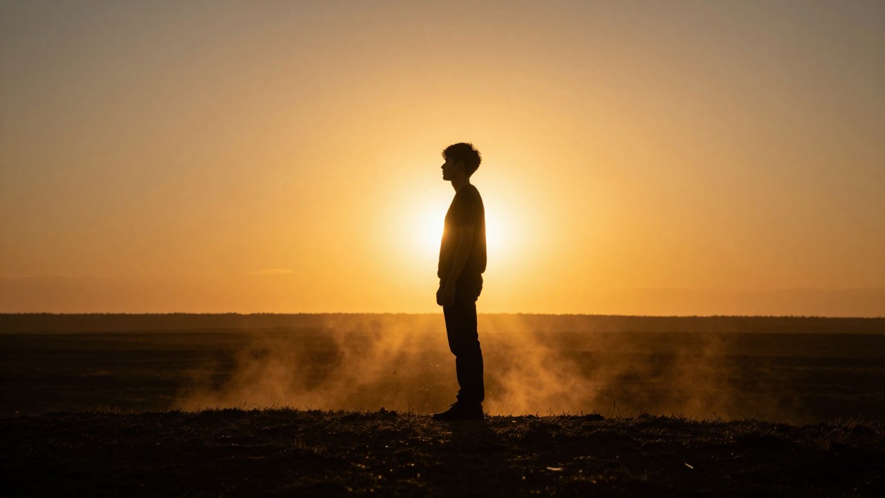 Una figura solitaria se encuentra de pie en un amplio paisaje al atardecer, bañada en intensa luz dorada.