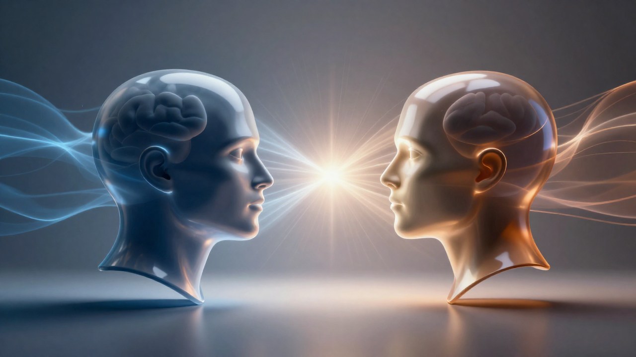 Dos formas abstractas convergentes representan la dualidad de perspectivas que impulsa la síntesis y el aprendizaje.