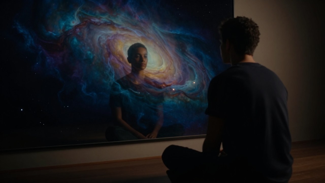 Una persona contempla en un espejo un reflejo que se mezcla con patrones cósmicos y abstractos del yo.