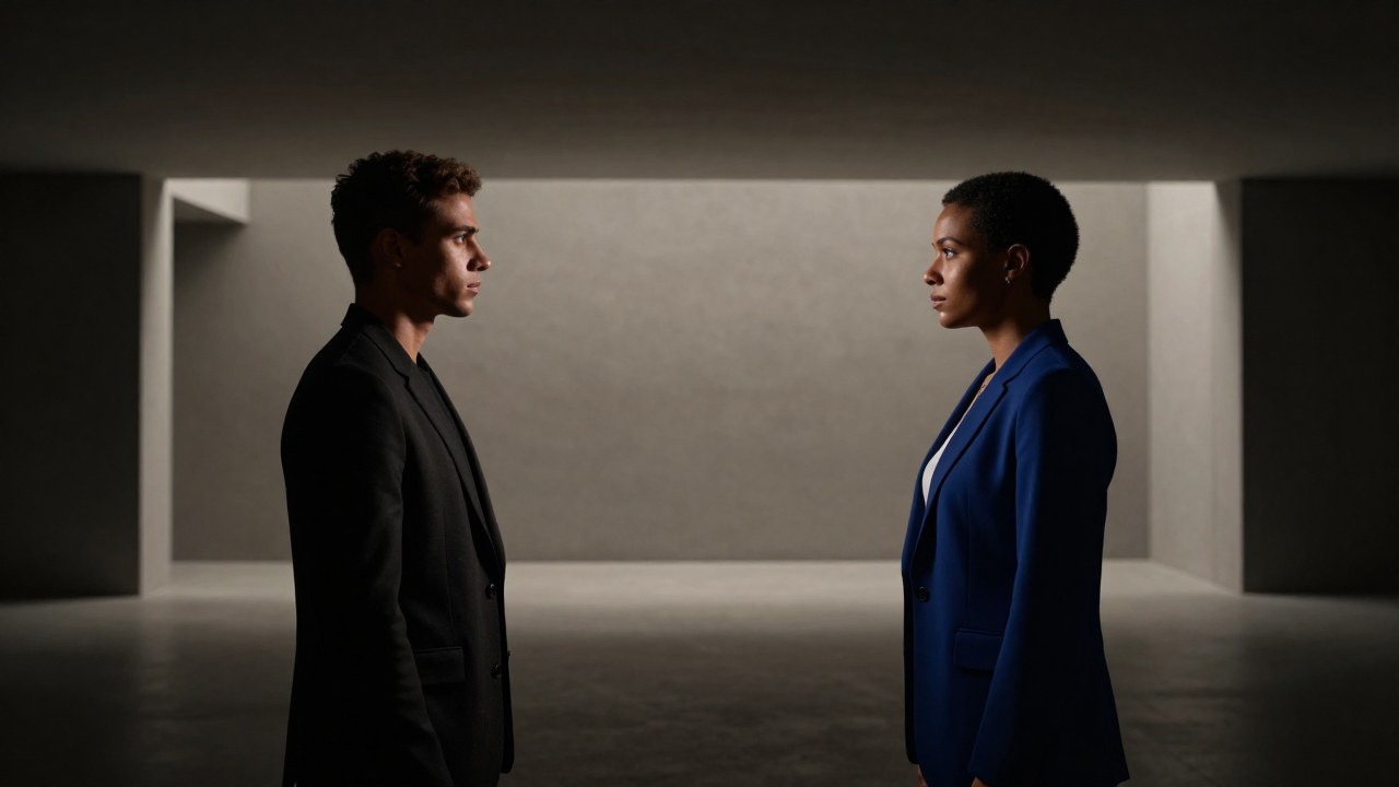 Dos personas, un hombre y una mujer, enfrentan una compleja y simétrica relación en un espacio arquitectónico minimalista.