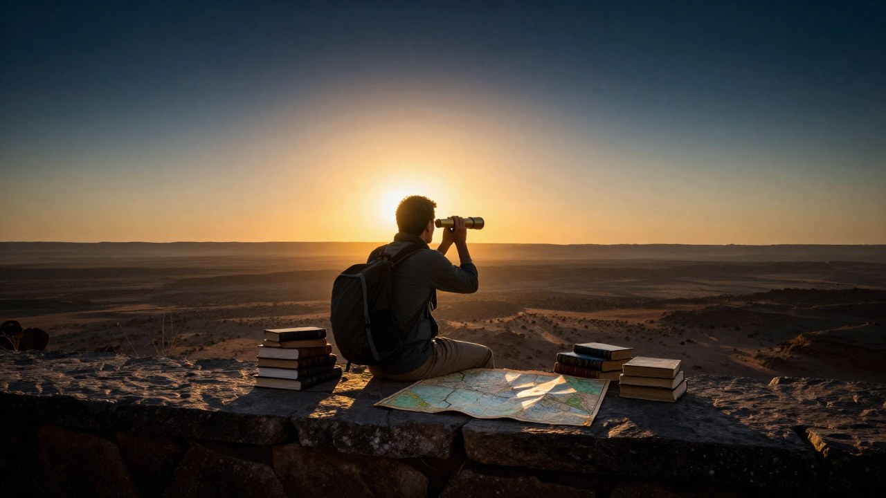 Viajero sentado en una cornisa árida, contemplando el amanecer con libros, mapa y telescopio.