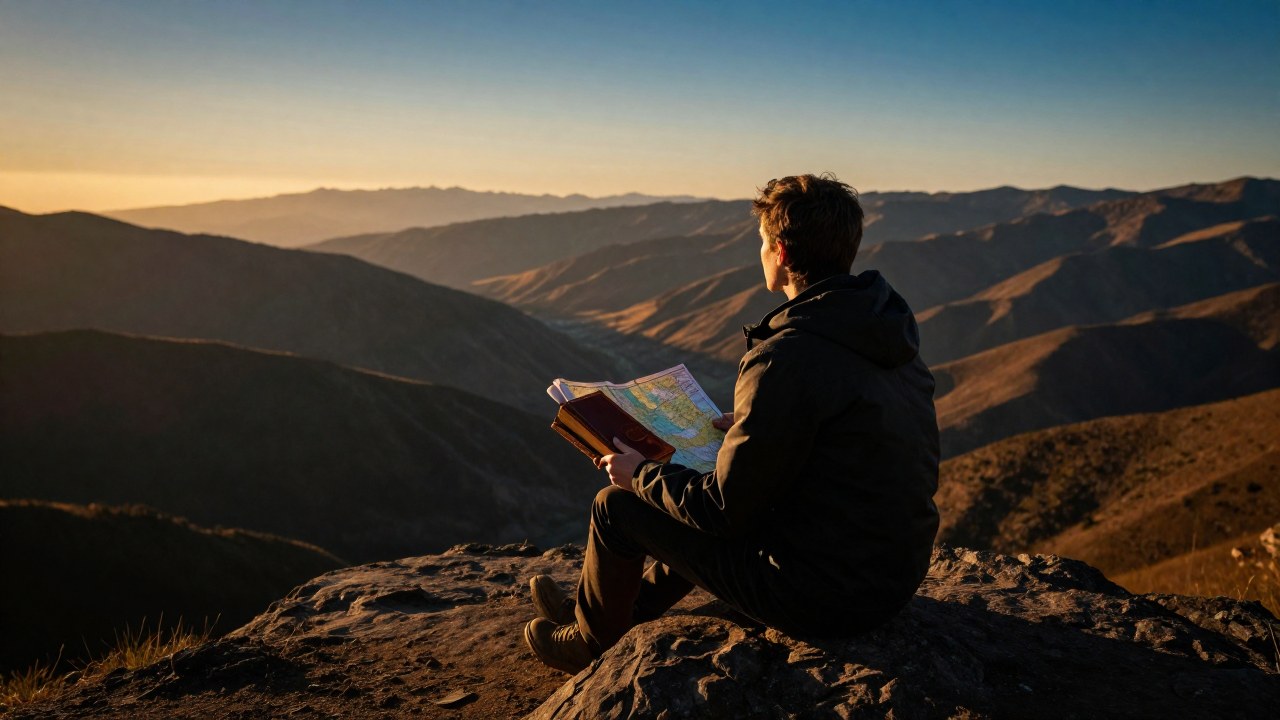 Una figura solitaria se sienta en un mirador, sosteniendo un libro y un mapa, frente a una cordillera.
