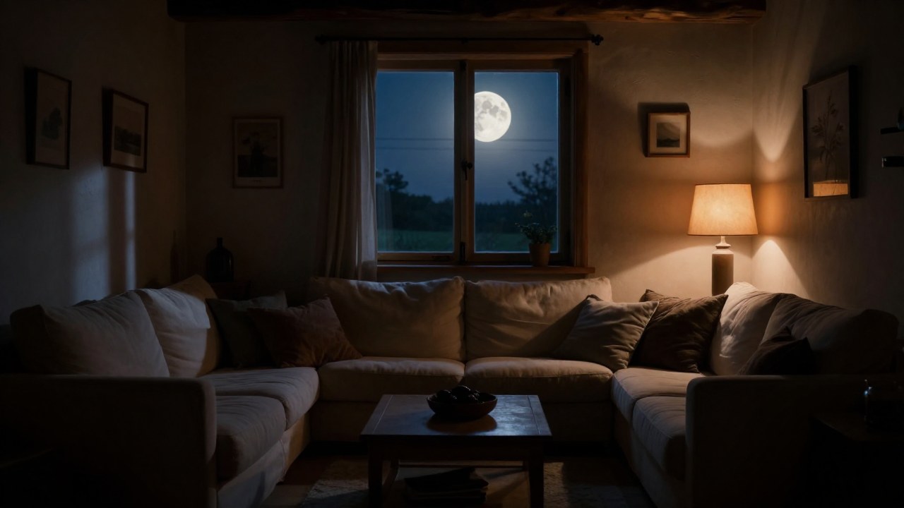Interior rústico con tonos cálidos iluminado por la luna y la luz suave de lámparas.