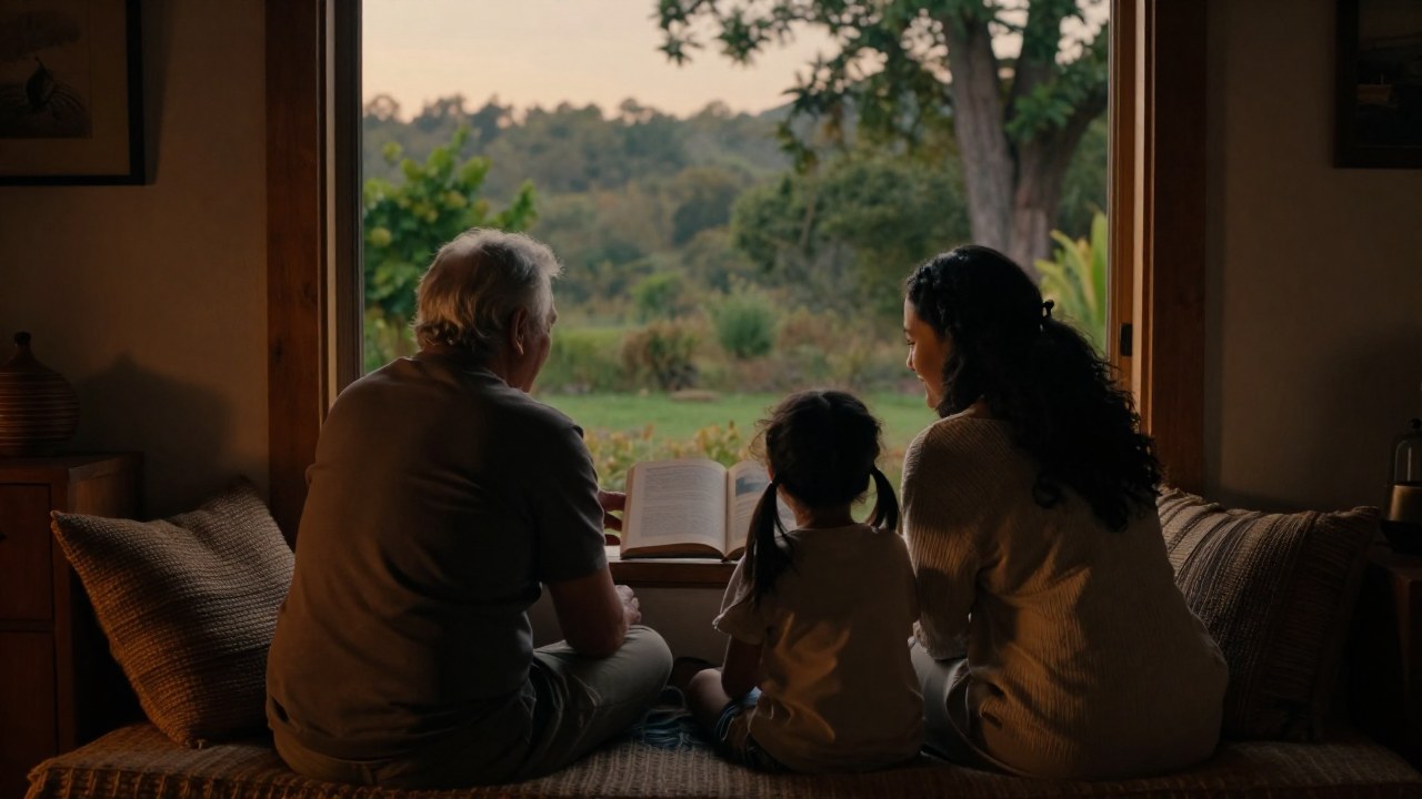 Familia multigeneracional diversa disfrutando de un momento tranquilo en el interior de un hogar acogedor.