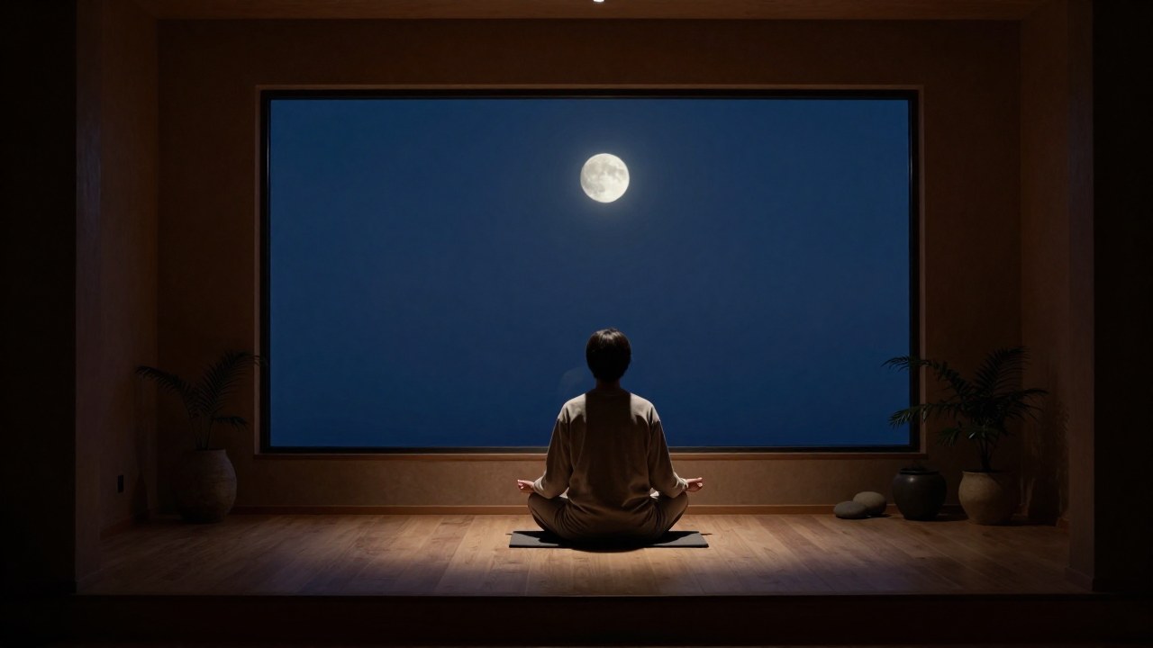 Una persona se sienta en un interior acogedor en contemplación bajo la suave luz lunar y rodeada de naturaleza.