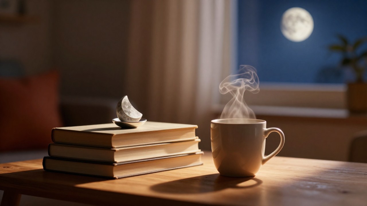 Un arreglo de libros, una taza humeante y un objeto lunar sobre una superficie de madera.