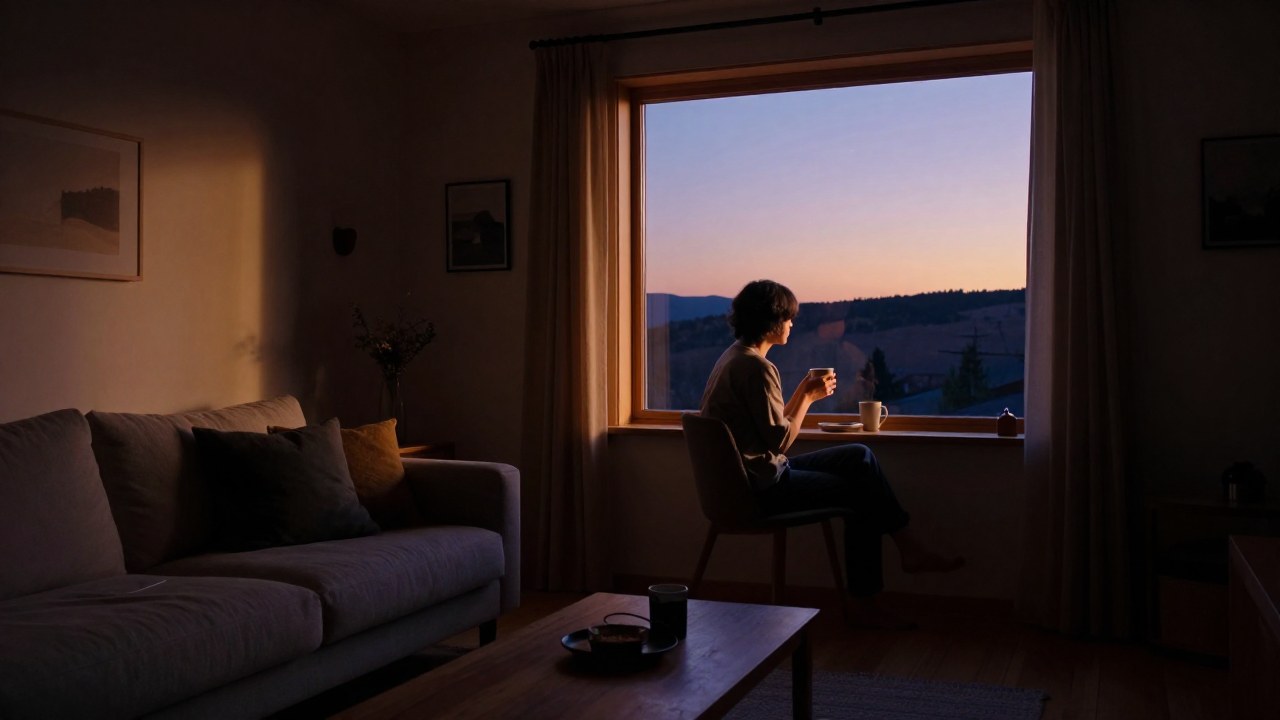 Persona en interiores acogedor iluminada por luz cálida al atardecer.