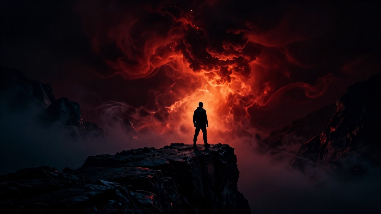 Figura solitaria en un paisaje elemental y rocoso, representando el proceso de profunda transformación y resistencia.