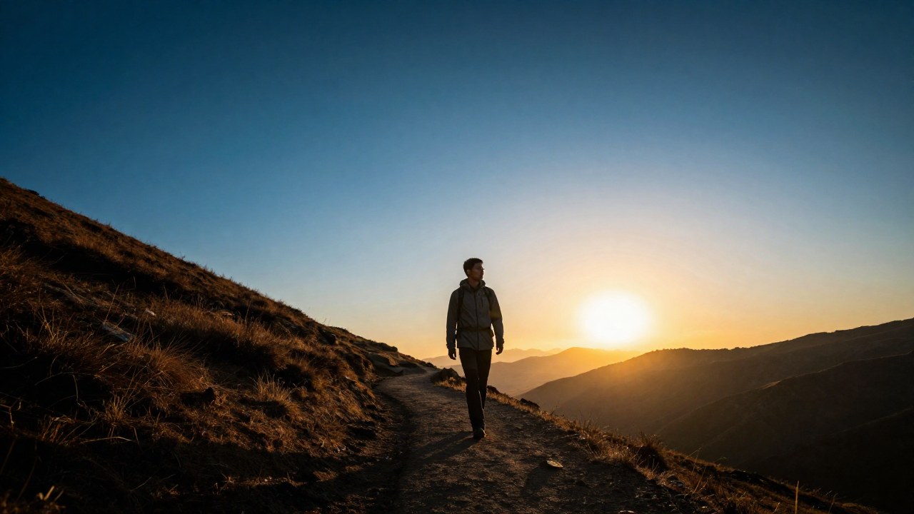 Un individuo camina por un sendero montañoso amplio mientras el sol sale en el horizonte.