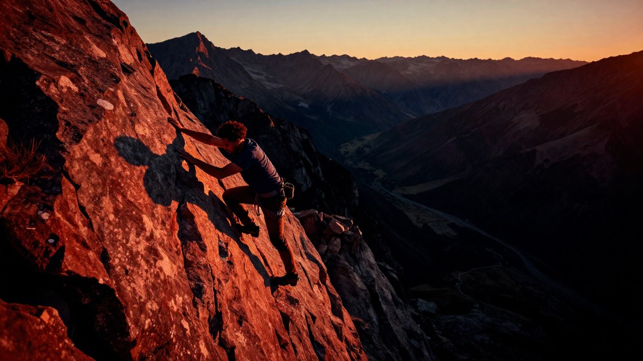 Persona determinada escalando un sendero montañoso empinado en un vasto paisaje bajo la luz del amanecer.