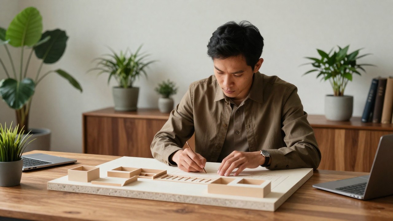 Profesional concentrado trabaja en la creación de un modelo de diseño arquitectónico sobre un escritorio de madera.
