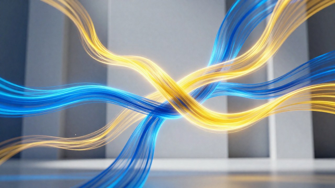 Flujos abstractos de luz azul y amarilla representando la dualidad y el intercambio de ideas en movimiento.