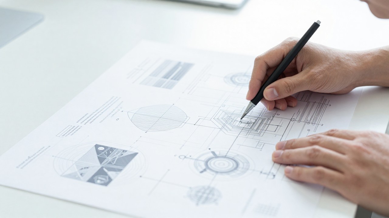 Un par de manos revisa diagramas complejos y esquemas de datos abstractos en una mesa de trabajo.
