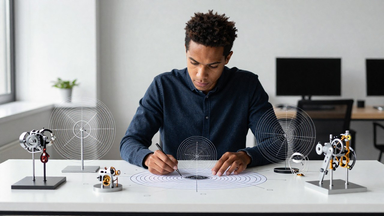 Persona diversa concentrada en un complejo análisis rodeada de modelos mecánicos y patrones geométricos.
