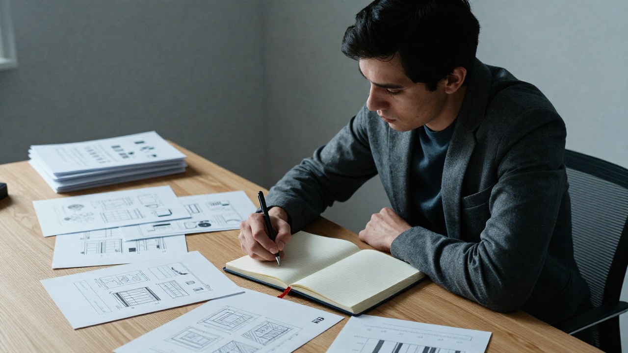 Profesional sentado en escritorio de madera, contemplando documentos y bocetos en un momento de pausa.