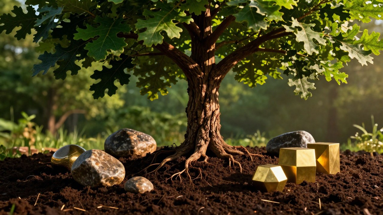 Un roble plantado en tierra junto a piedras y objetos metálicos simboliza estabilidad y crecimiento seguro.