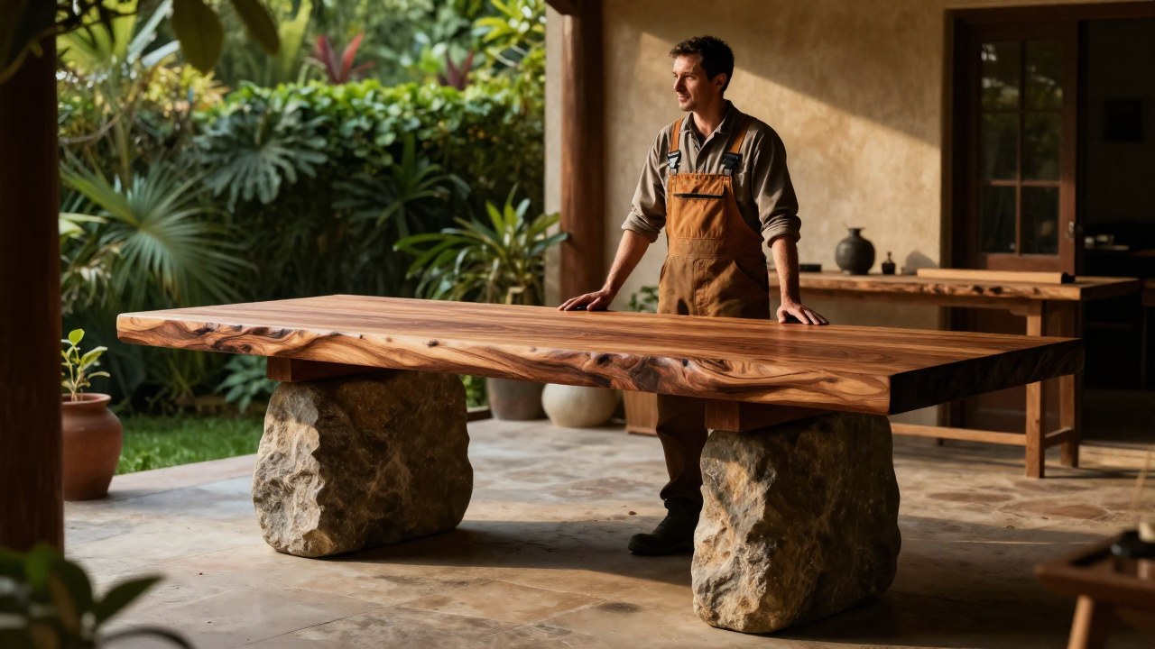 Un artesano habilidoso junto a una pesada pieza de mobiliario de madera y piedra en un taller.