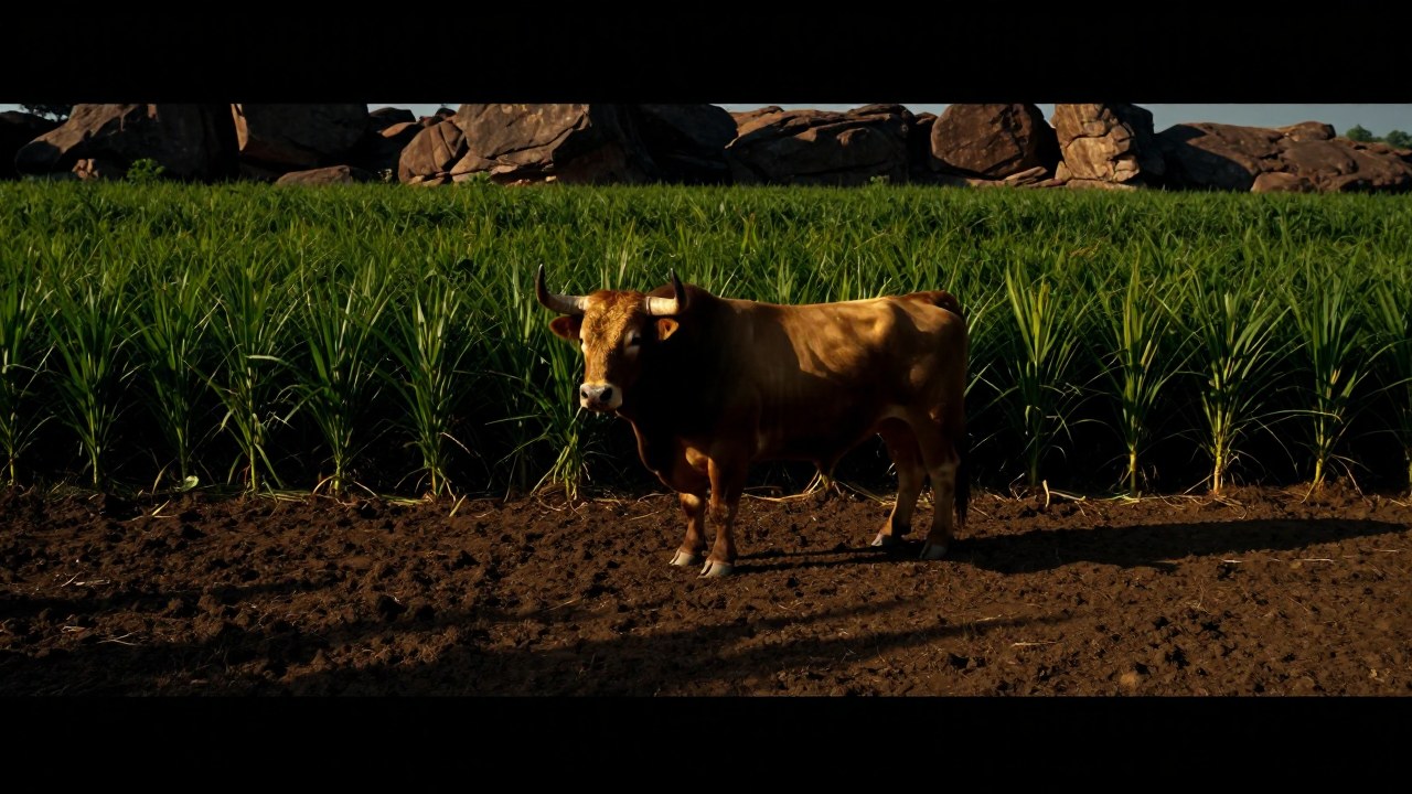 Un toro robusto se mantiene firme sobre tierra fértil frente a cultivos prósperos en un amplio paisaje.