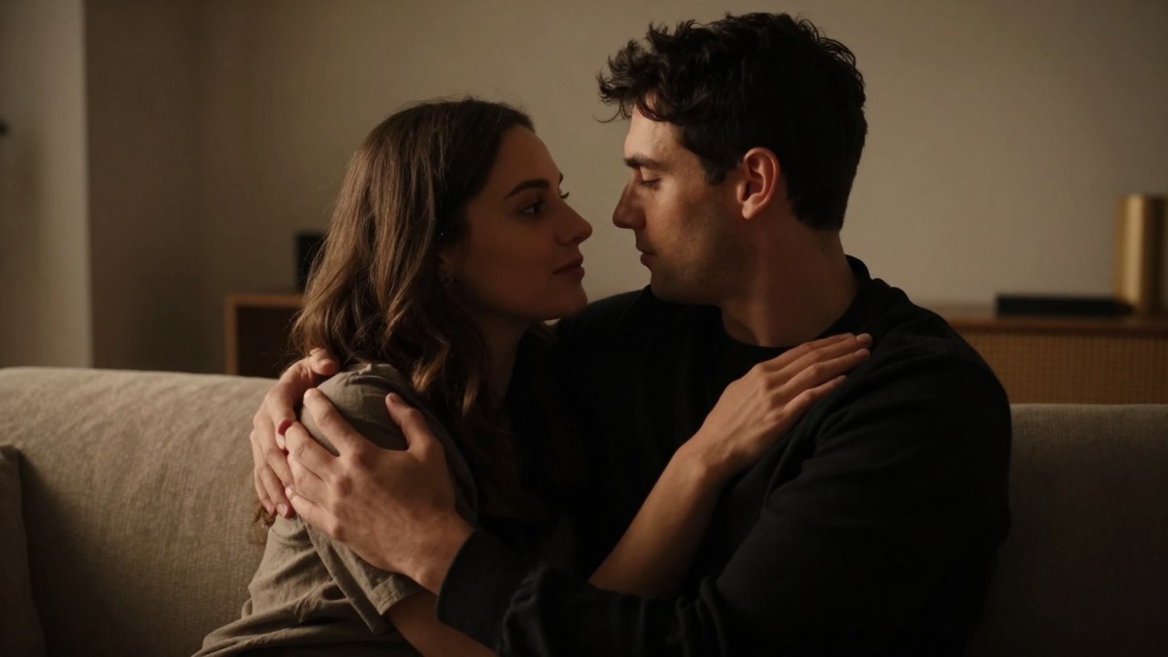 Pareja moderna en un interior cálido, compartiendo un momento de conexión íntima y mirada sincera.