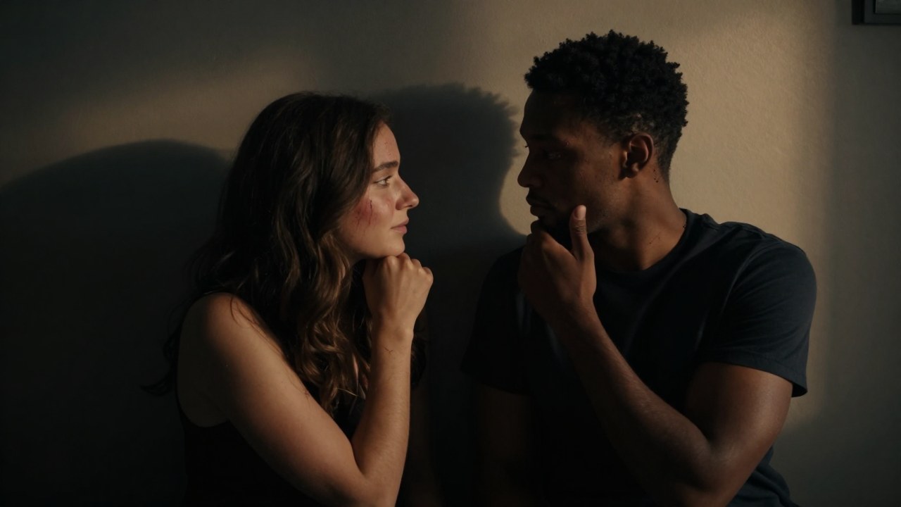 Una pareja diversa en un interior íntimo, mostrando una compleja tensión emocional entre ellos.