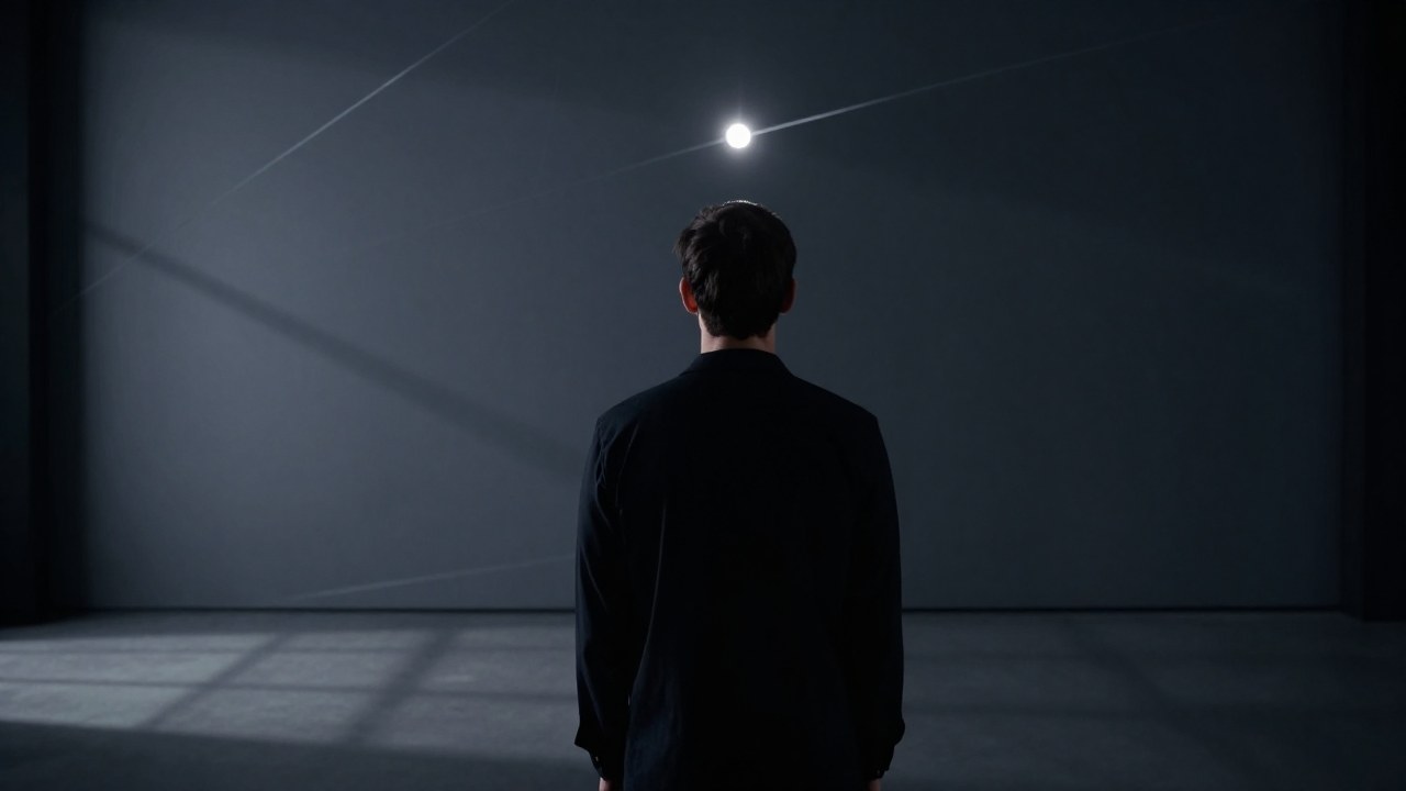 Un individuo contemplativo en un espacio interior minimalista, rodeado de líneas diagonales y puntos focales de luz.