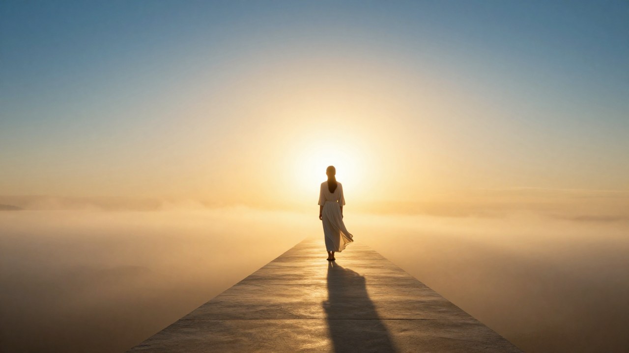 Figura solitaria en un camino ascendente, iluminada por un cálido resplandor desde el horizonte.