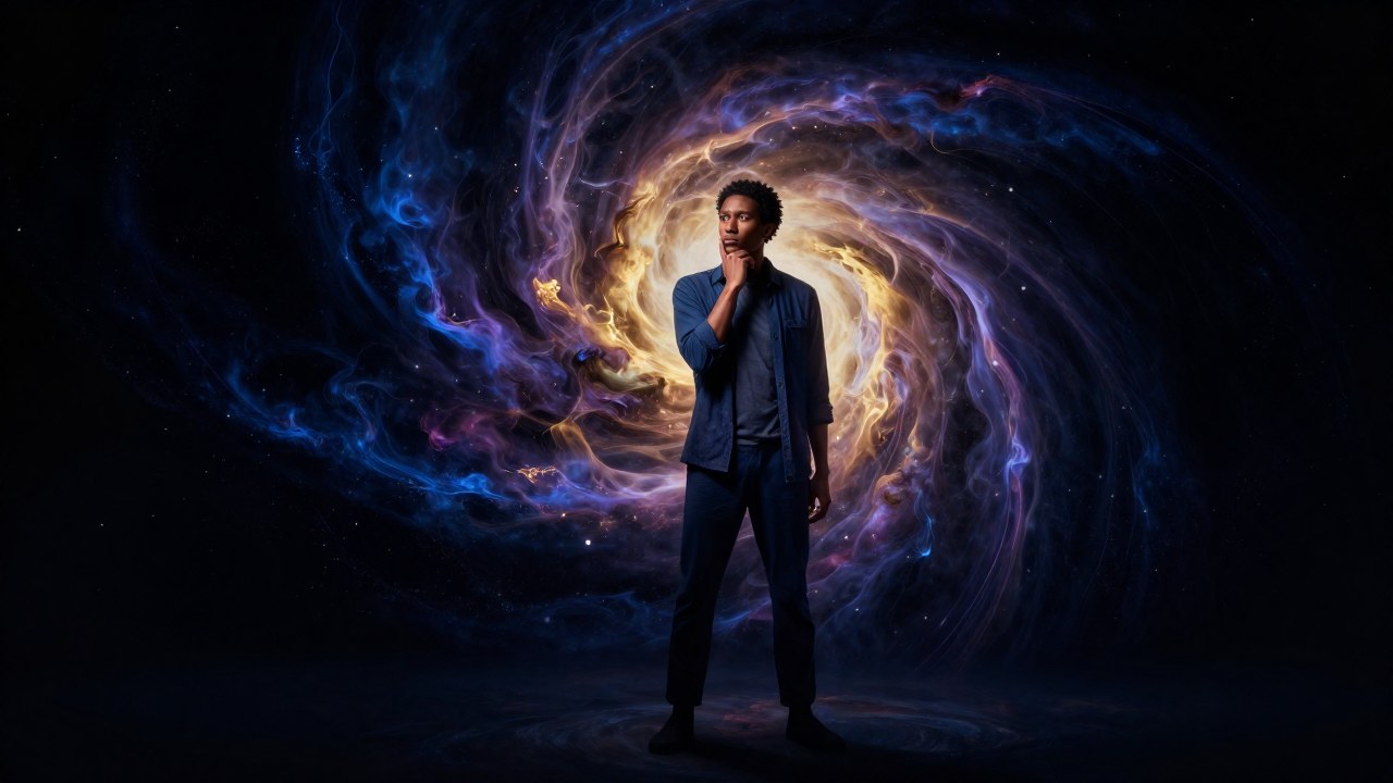 Persona introspectiva envuelta en patrones vibrantes de energía cósmica en un fondo oscuro.