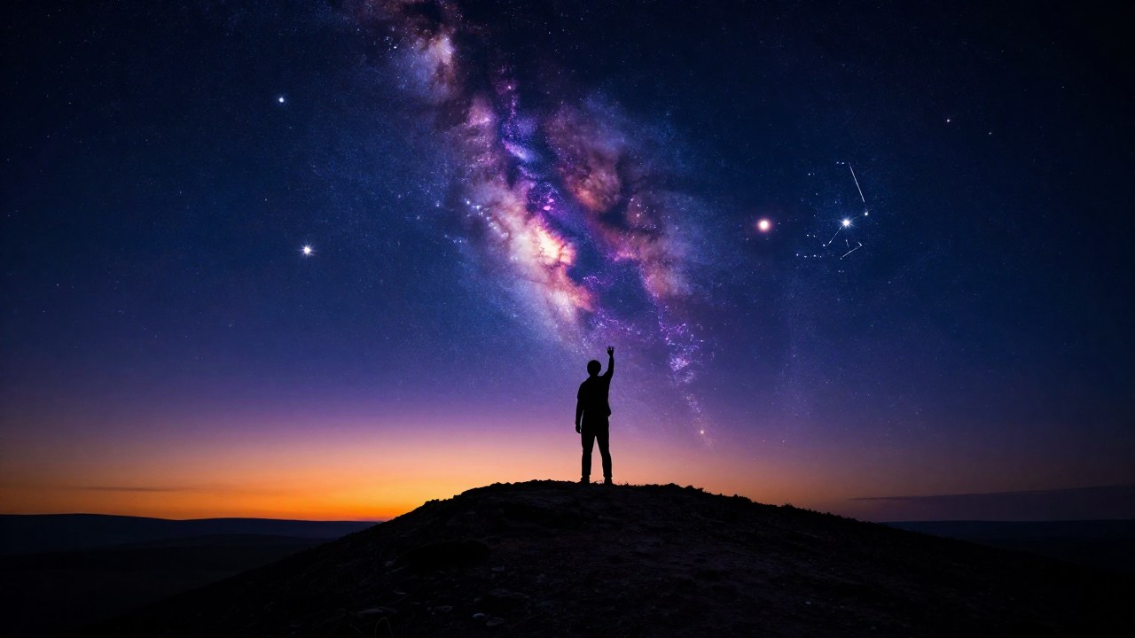 Figura solitario en una colina observando el cielo nocturno con nebulosas y planetas visibles.