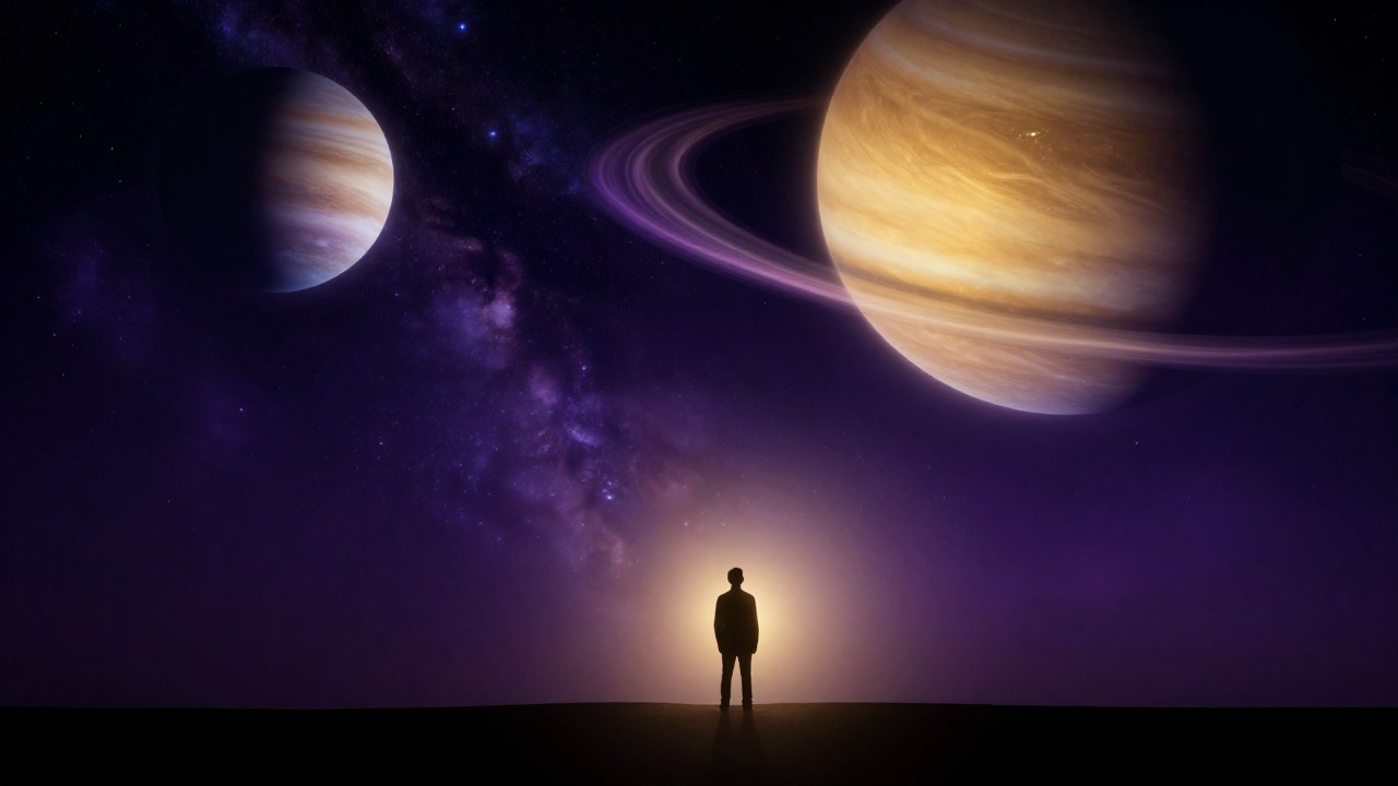 Figura en contemplación bajo la inmensidad de un cielo cósmico dominado por planetas y nebulosas.