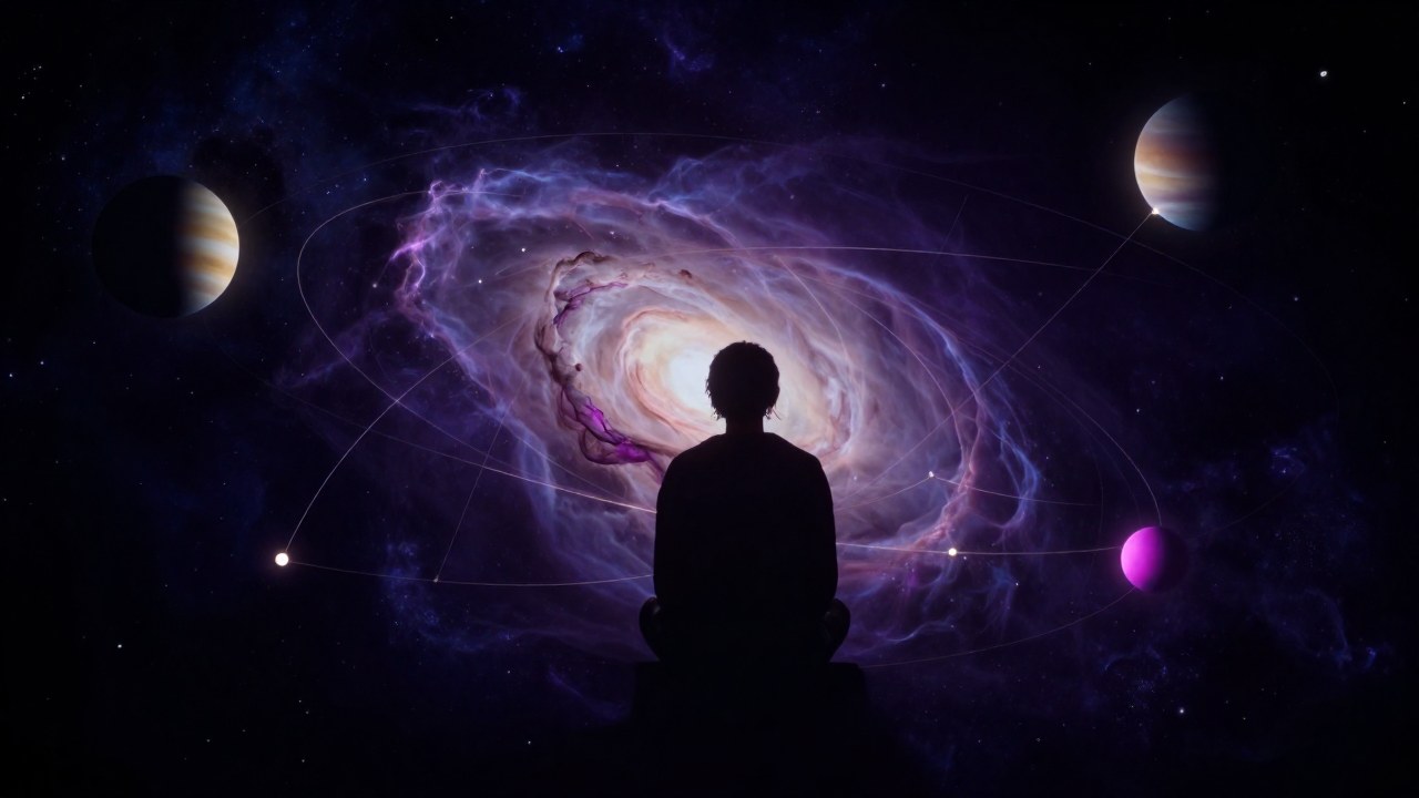 Figura contemplando en un ambiente cósmico envuelto en patrones de influencias planetarias.
