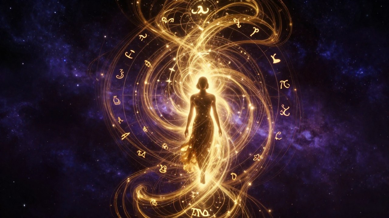 Figura en contemplación rodeada por un flujo estructurado de energía dorada y patrones celestiales.