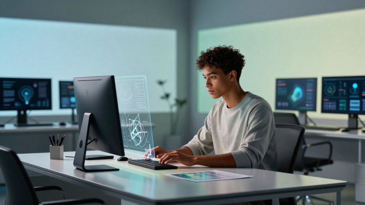 Individuo joven trabajando con modelos abstractos en un espacio de trabajo minimalista y contemporáneo.