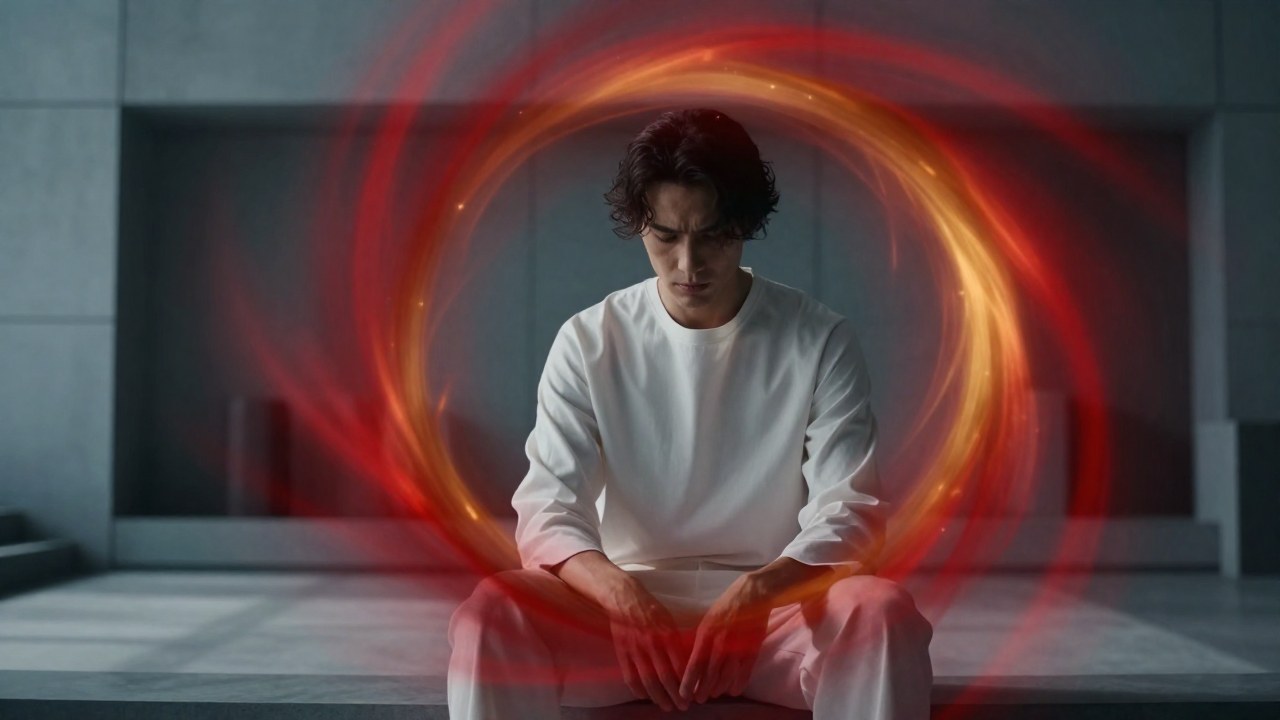 Figura en un interior tranquilo en contraste con un vórtice rojo y ámbar que simboliza el deseo.