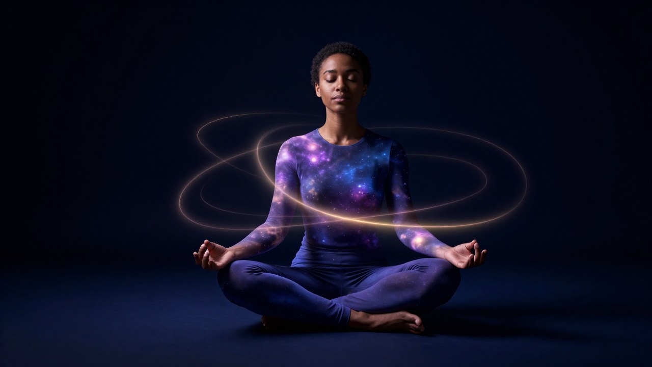 Persona en pose de contemplación rodeada por energía celestial que simboliza influencias cósmicas.