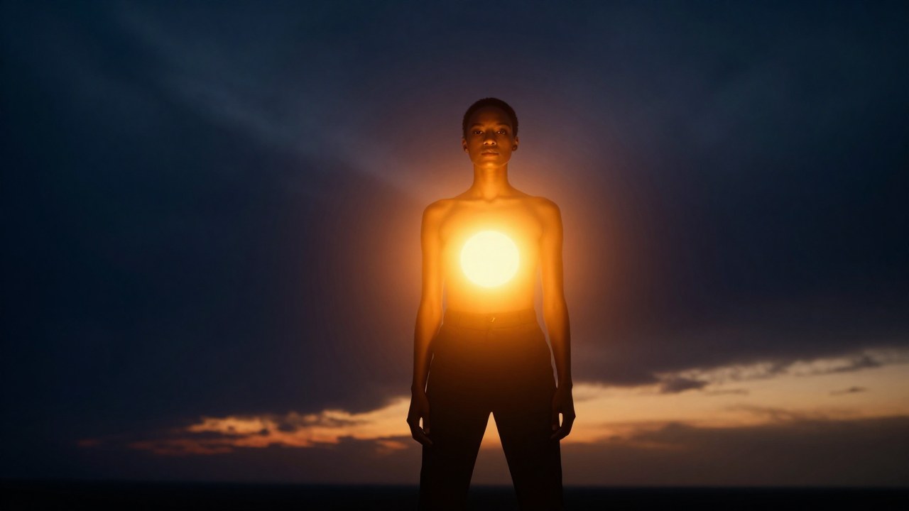 Una persona irradia una intensa luz dorada contra un vasto fondo de crepúsculo dramático.