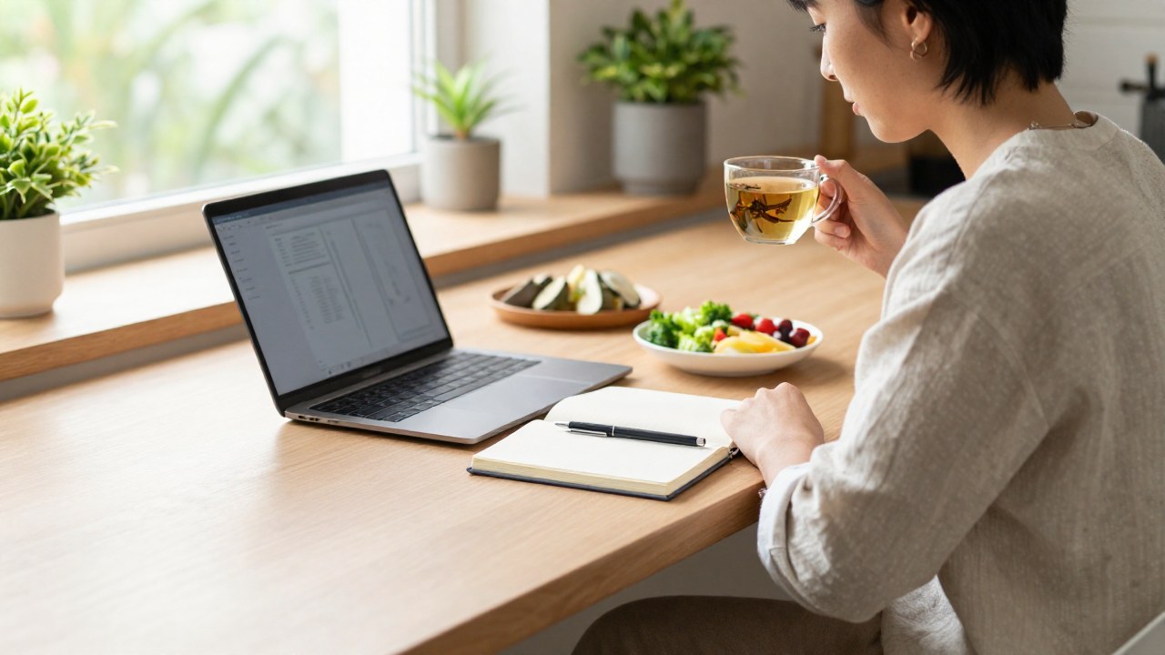 Persona en casa moderna combinando rutina de trabajo en escritorio con hábitos saludables y enfoque personal.
