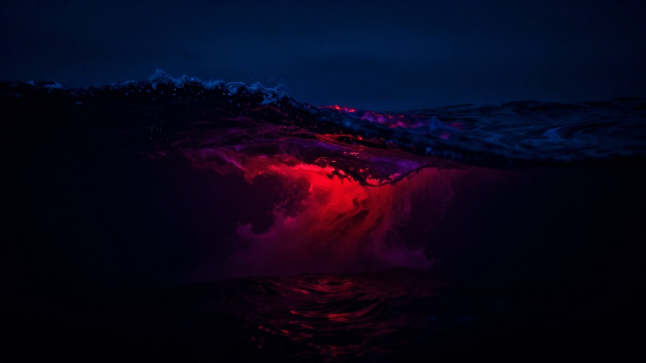 Profundas aguas marinas oscuras iluminadas por un potente resplandor rojo y púrpura desde la profundidad.