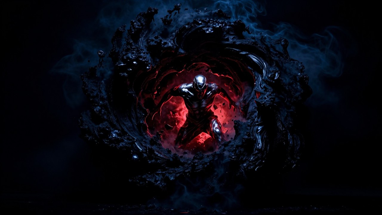 Figura en medio de una transformación intensa, emergiendo de un denso vórtice oscuro y fumoso.