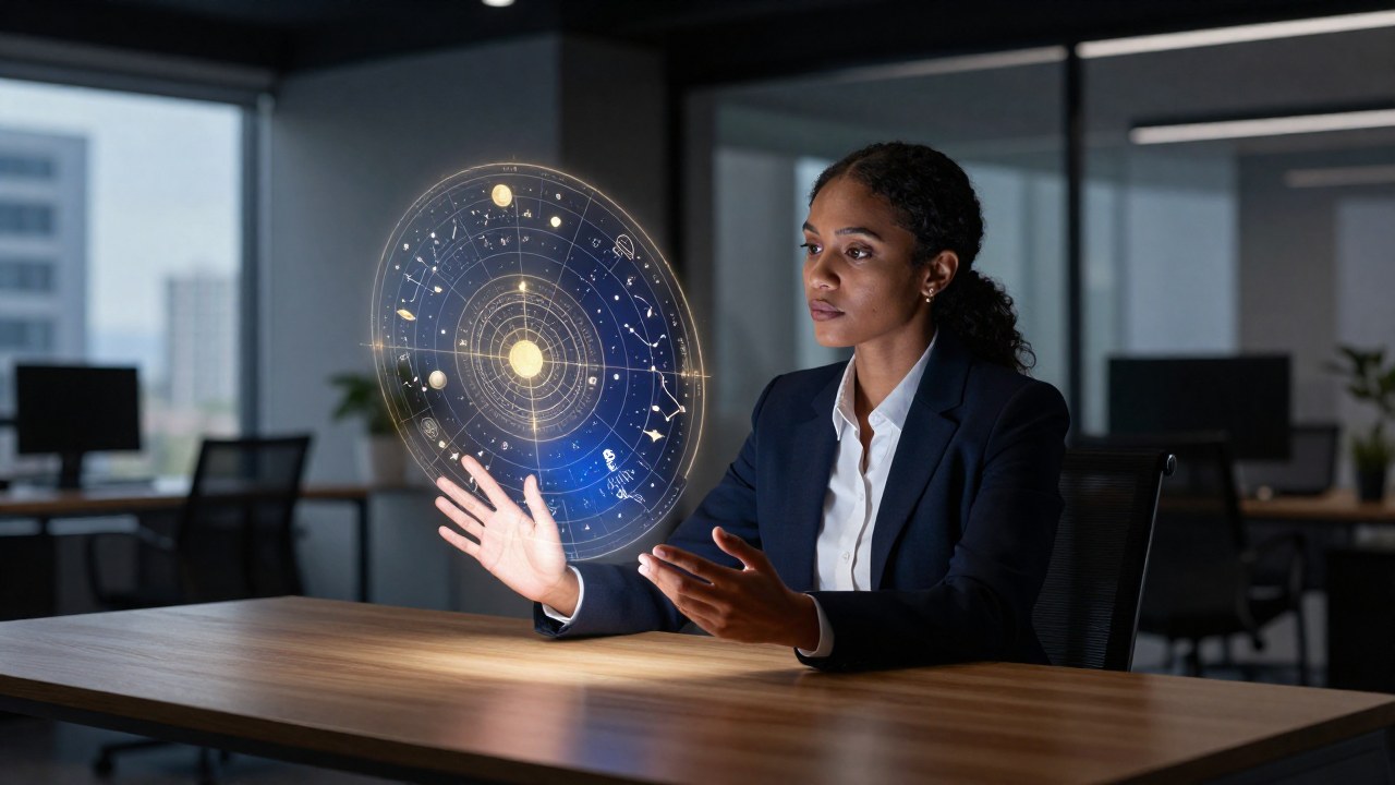 Profesional contemplando un mapa celestial flotante sobre el escritorio, simbolizando la guía en su camino.