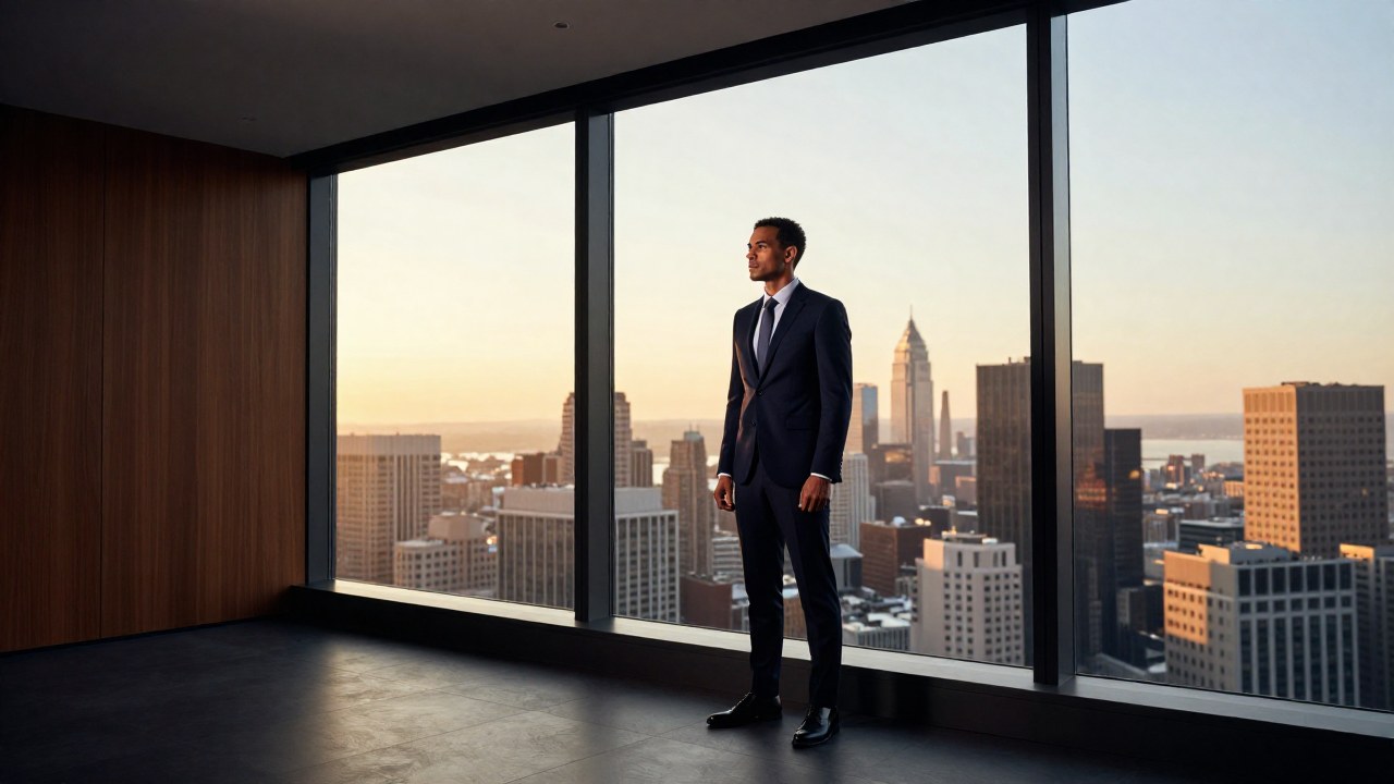 Ejecutiva diversa de negocios junto a una ventana, observando la vista panorámica de la ciudad.